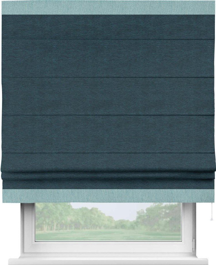 Римская штора «Кортин» с кантом Горизонт, для проема, ткань твид блэкаут, глубокий синий