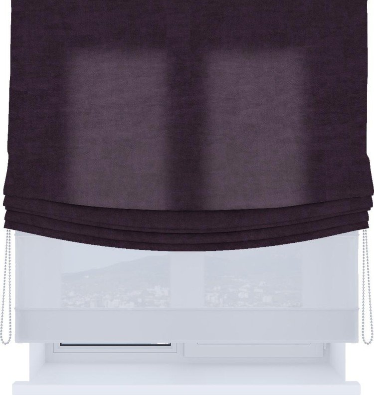 Римская штора «Кортин», вельвет тёмно-фиолетовый, день-ночь с мягкими складками